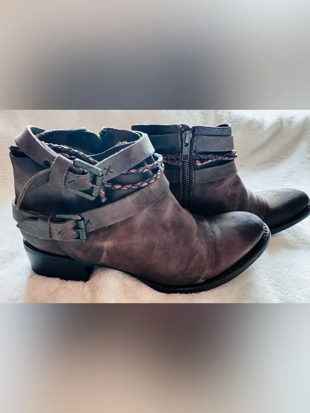 FREEBIRD by Steven Distressed Leather Ankle Booties Braided Buckle Boots